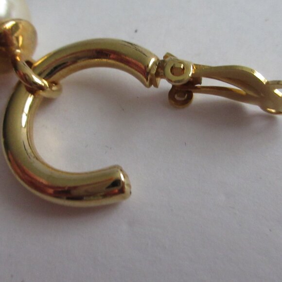 Clip On Hoop Huggie Earrings with Faux Pearl Dangle Charm Gold Tone Metal - Picture 8 of 11